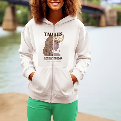 White zip hoodie with detailed Taurus woman profile and calm energy symbolism – Λευκή ζακέτα με λεπτομερές προφίλ Ταυρίνας και συμβολισμό ήρεμης ενέργειας.
