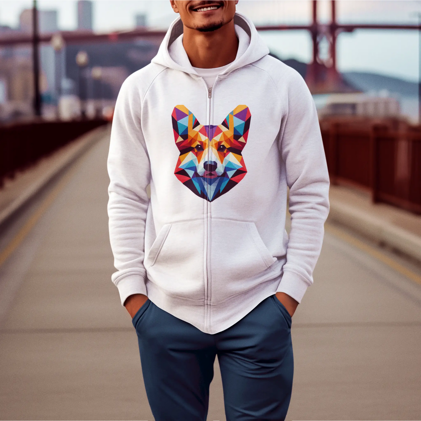 White zip hoodie with expressive dog design – Λευκή ζακέτα με φερμουάρ και δυναμικό σκυλίσιο σχέδιο.