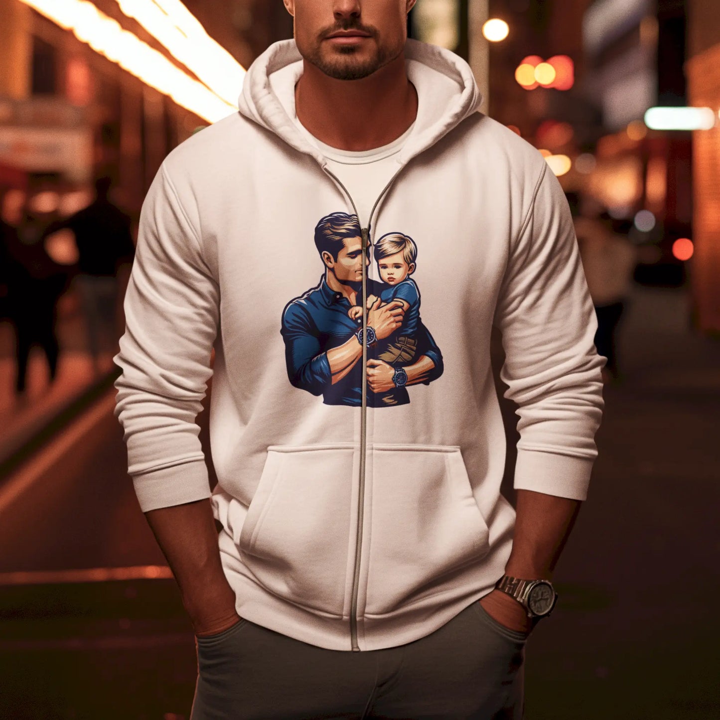 White zip hoodie with heartwarming father and son art – Λευκή ζακέτα με κουκούλα και συγκινητική τέχνη πατέρα και γιου