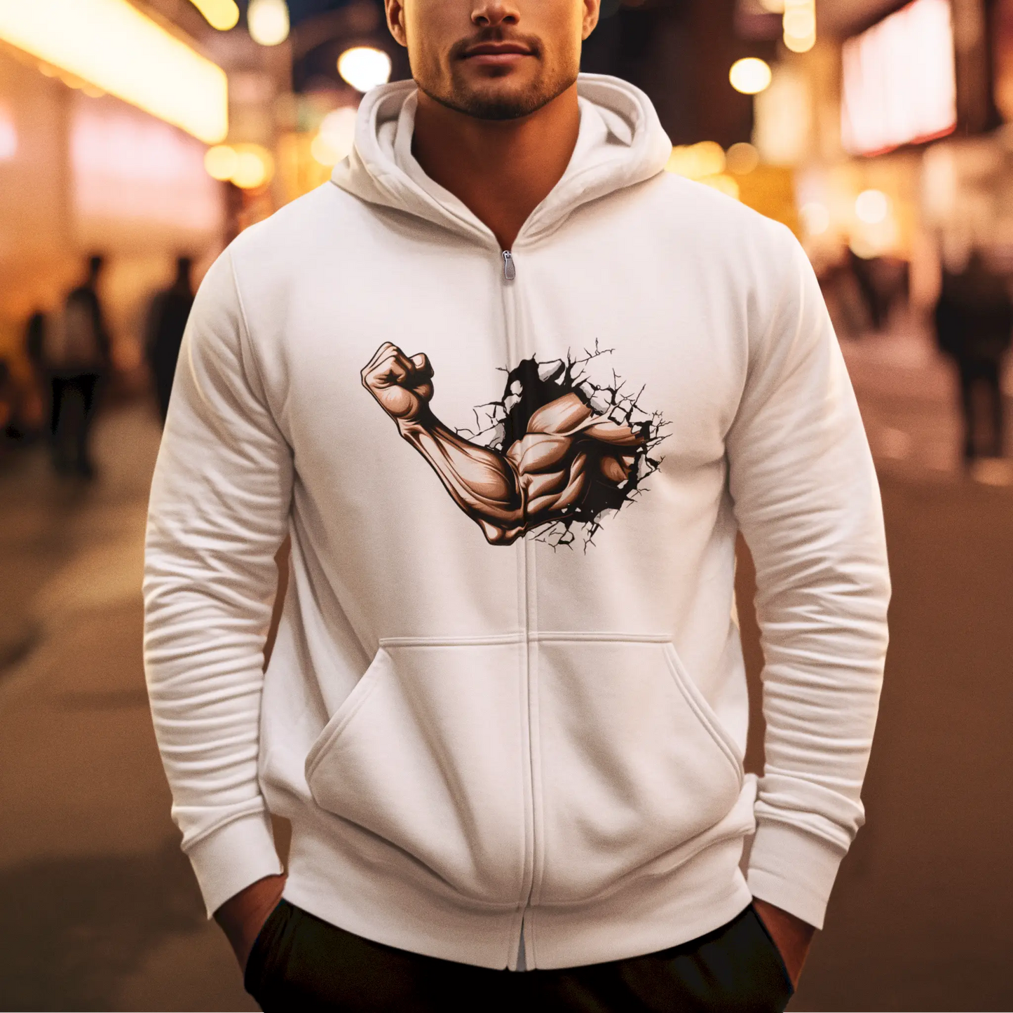 White zip hoodie with motivational cracked wall and ripped gym arm – Λευκό zip hoodie με εμπνευσμένο σχέδιο ραγισμένου τοίχου και γυμνασμένο μπράτσο.