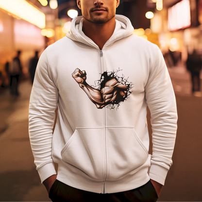 White zip hoodie with motivational cracked wall and ripped gym arm – Λευκό zip hoodie με εμπνευσμένο σχέδιο ραγισμένου τοίχου και γυμνασμένο μπράτσο.