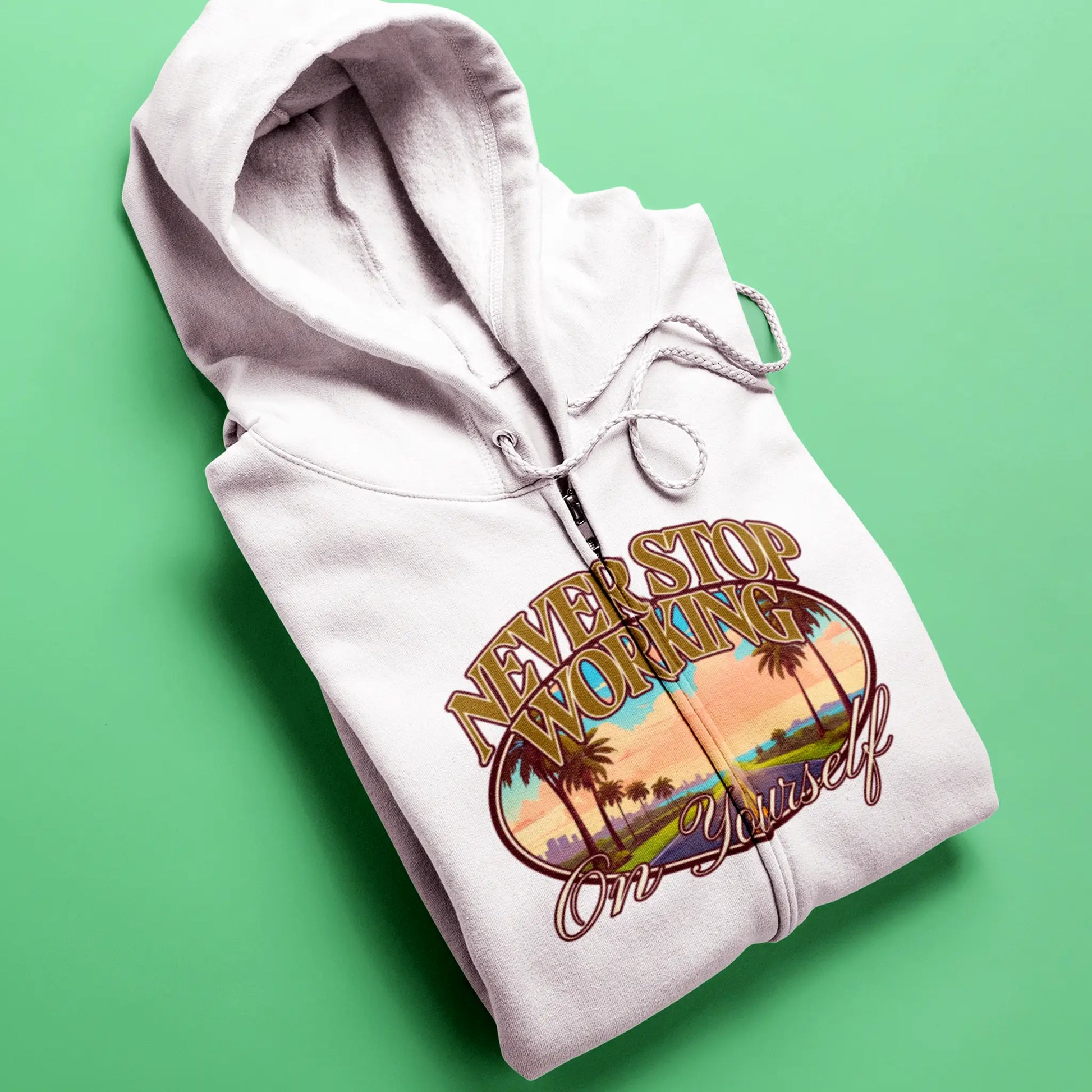 White zip hoodie with motivational landscape – Λευκή ζακέτα κουκούλα με υπέροχο τοπίο και μήνυμα έμπνευσης