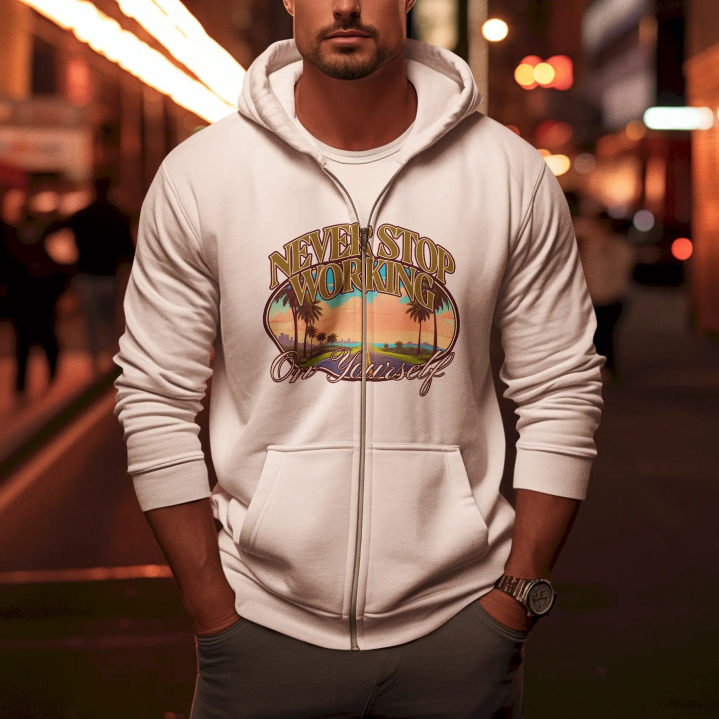 White zip hoodie with never stop growing quote – Λευκή ζακέτα με μήνυμα “ποτέ μην σταματάς να εξελίσσεσαι”