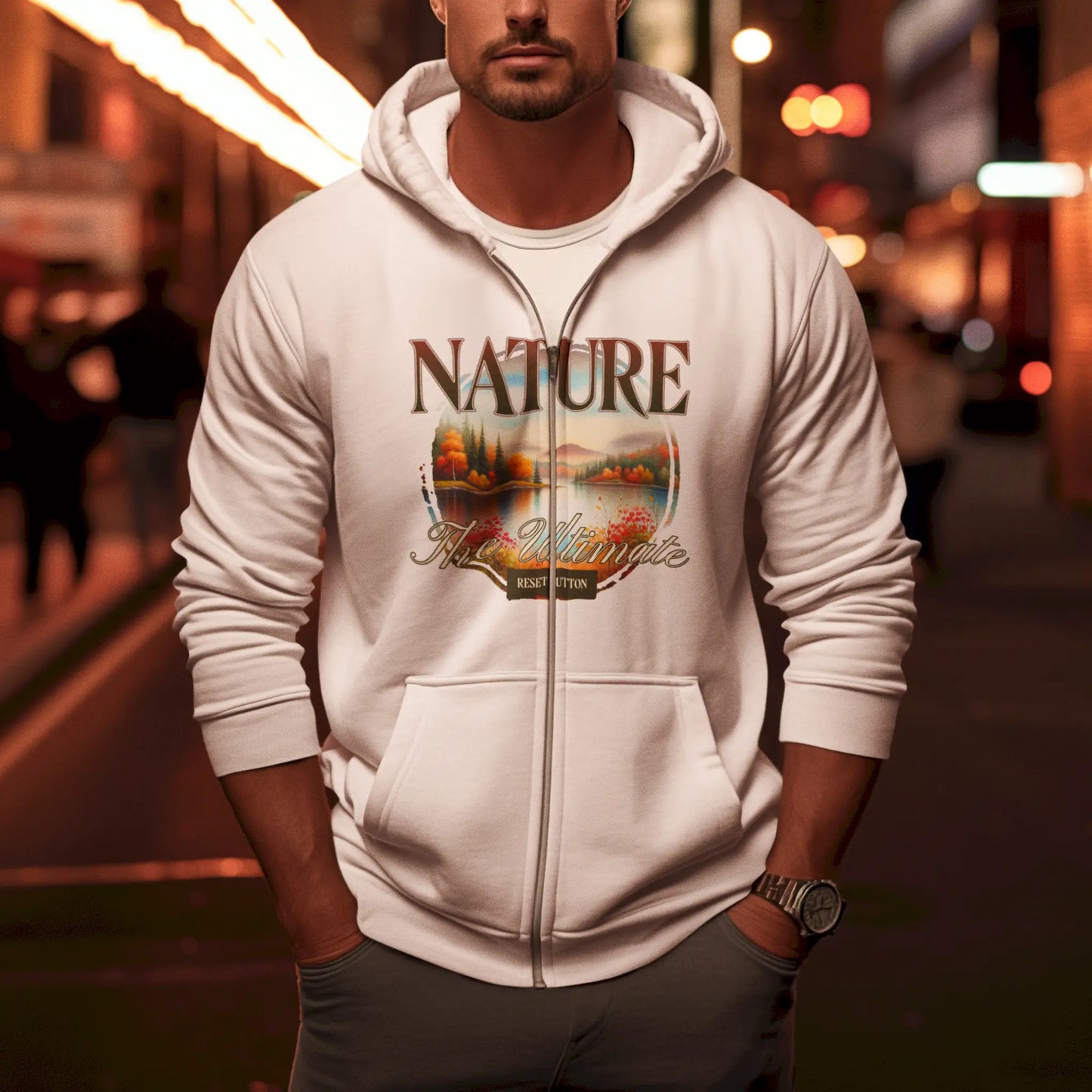 White zip hoodie with serene mountain and forest art – λευκή ζακέτα κουκούλα με ήρεμο σχέδιο βουνού και δάσους