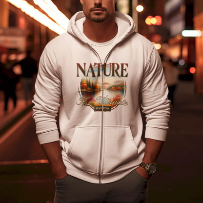 White zip hoodie with serene mountain and forest art – λευκή ζακέτα κουκούλα με ήρεμο σχέδιο βουνού και δάσους