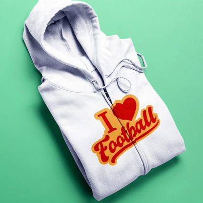 White zip hoodie with standout quote “I Love Football” – perfect for chilly match nights. Λευκό zip hoodie με έντονο quote “I Love Football” – ιδανικό για κρύες βραδιές αγώνων.