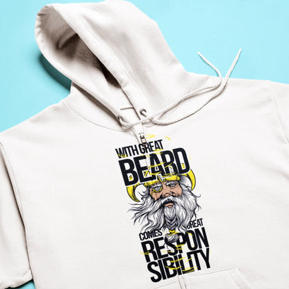 White zip hoodie with stylized Norse warrior and thick beard – Λευκή ζακέτα με φερμουάρ με στυλιζαρισμένο Σκανδιναβό πολεμιστή και πλούσια γενειάδα