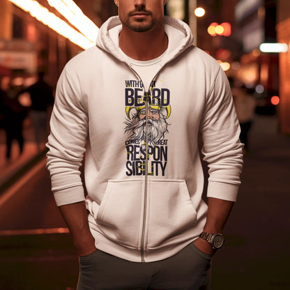 White zip hoodie with stylized horns and beard composition – Λευκή ζακέτα με φερμουάρ με σχέδιο κέρατα και γενειάδα