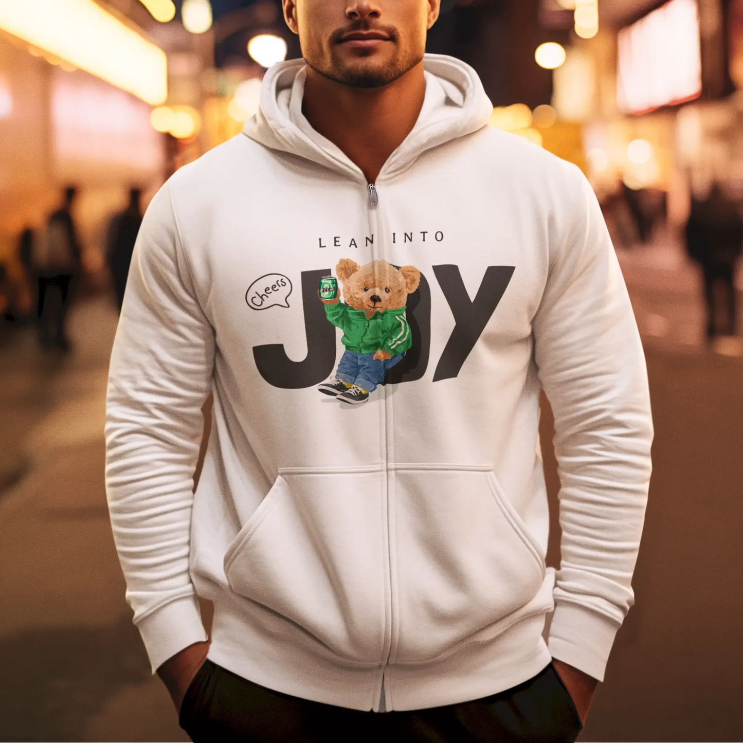 White zip hoodie with teddy and drink design – Λευκή ζακέτα με κουκούλα και teddy με ποτό.