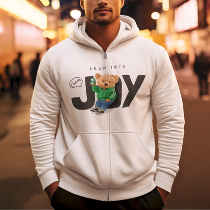 White zip hoodie with teddy and drink design – Λευκή ζακέτα με κουκούλα και teddy με ποτό.