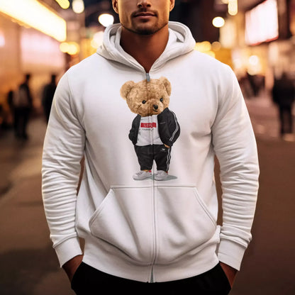 White zip hoodie with teddy bear and inspiring Love Yourself slogan – λευκή ζακέτα με teddy σε αθλητικό στυλ