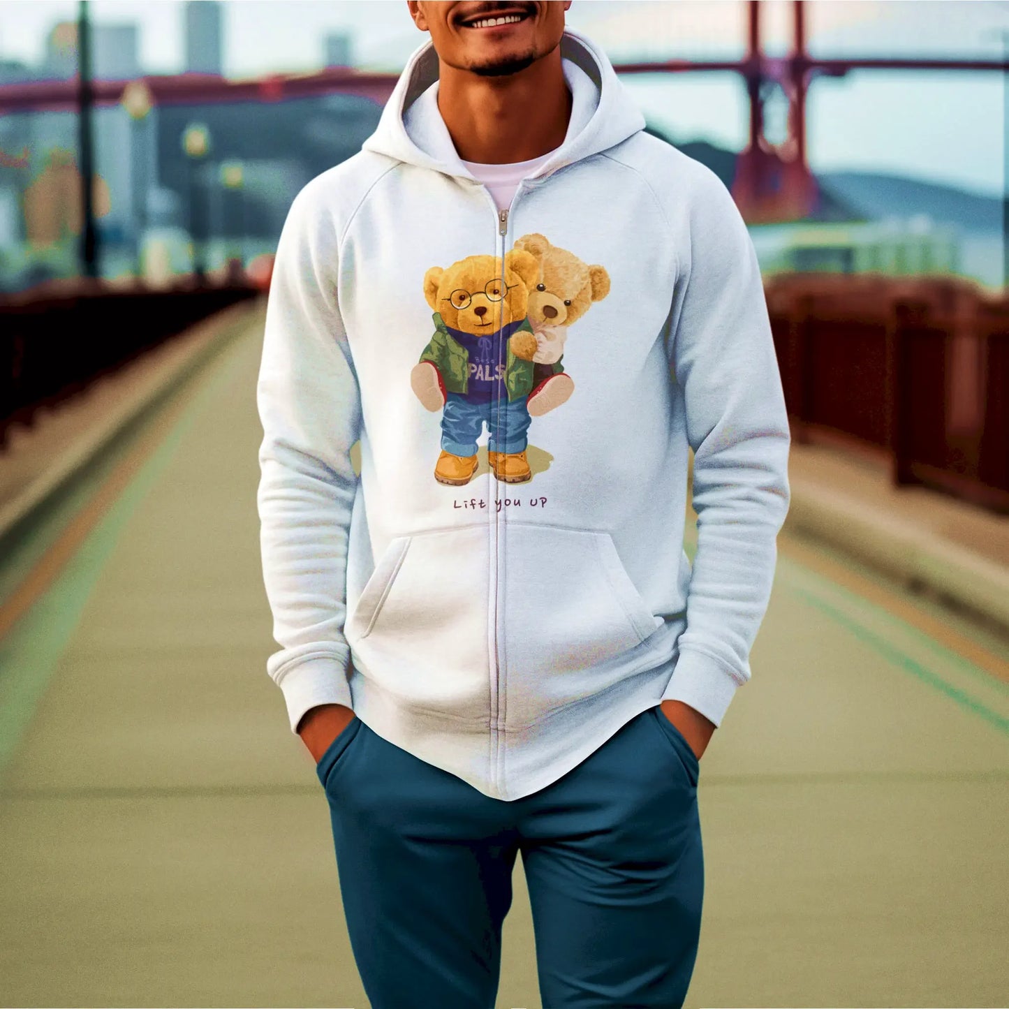White zip hoodie with teddy bears hugging and Best Pals design – λευκή ζακέτα με σχέδιο δύο αρκούδων