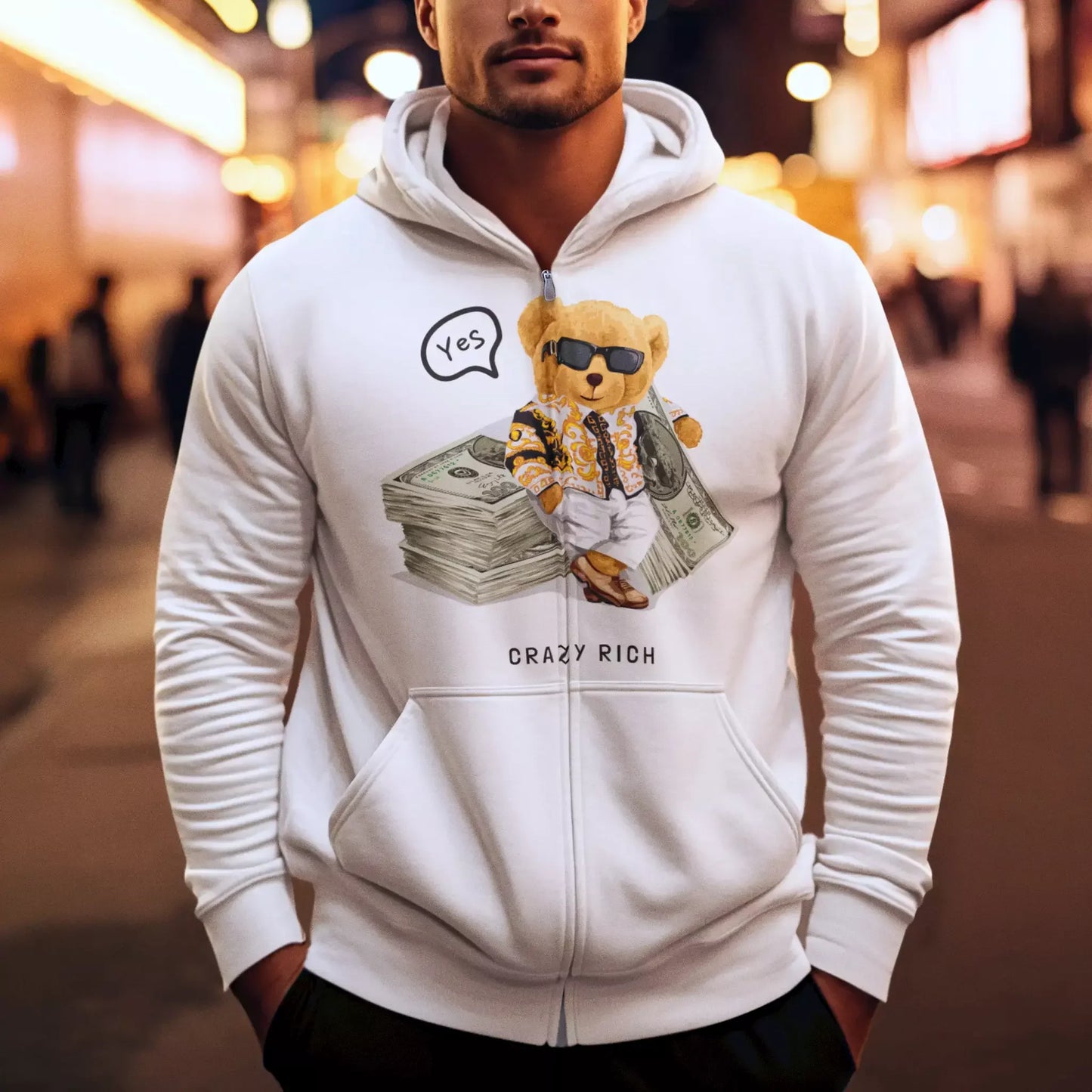 White zip hoodie with teddy millionaire artwork in bold print – Λευκή ζακέτα με έντονο σχέδιο teddy εκατομμυριούχου