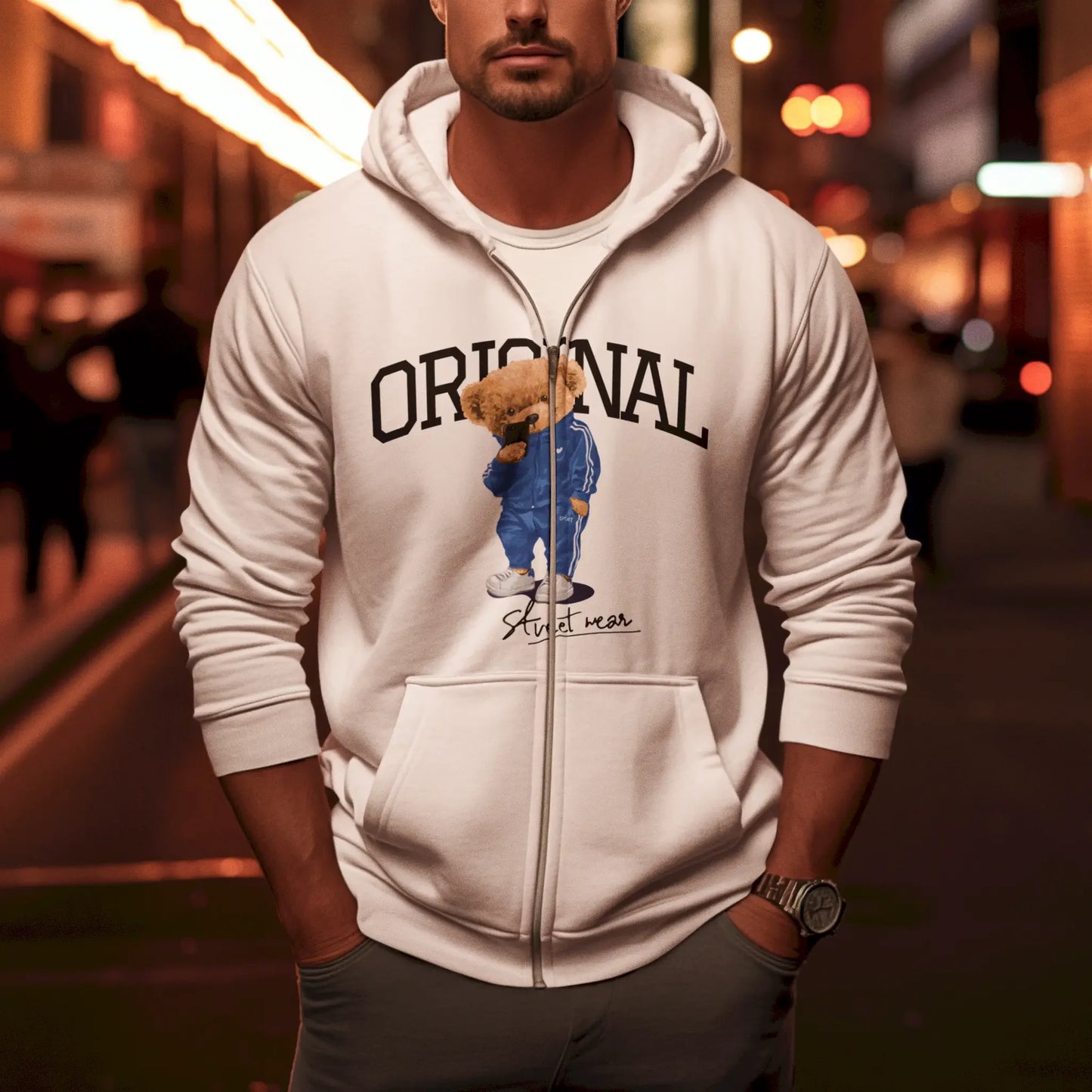 White zip hoodie with urban bear design – Λευκή ζακέτα με σχέδιο αστικού αρκούδου