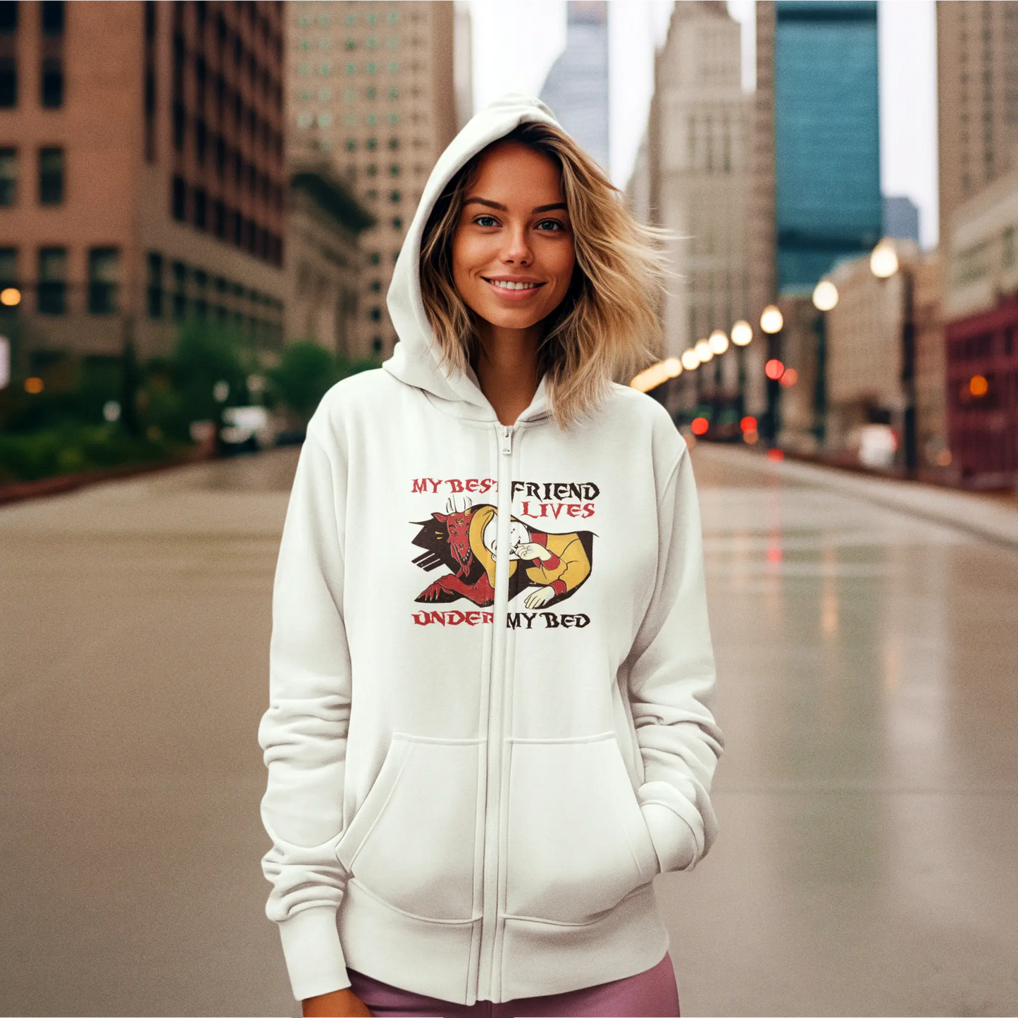White zip jacket celebrating friends who embrace every naughty part of you - Λευκή ζακέτα κουκούλα που γιορτάζει με φίλους που αγκαλιάζουν κάθε σκανδαλιάρικο κομμάτι σου