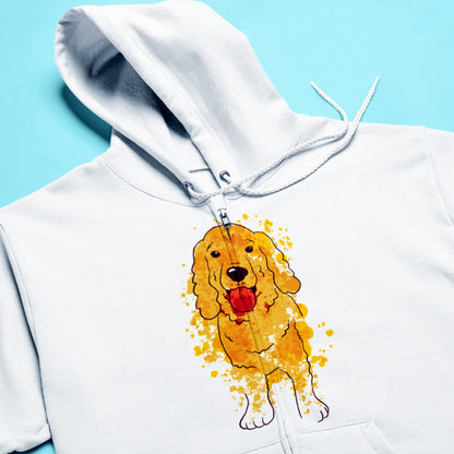 White zipper hoodie with a calm and artistic Cocker dog print — Λευκό φούτερ με φερμουάρ και ήρεμο καλλιτεχνικό Cocker Spaniel.