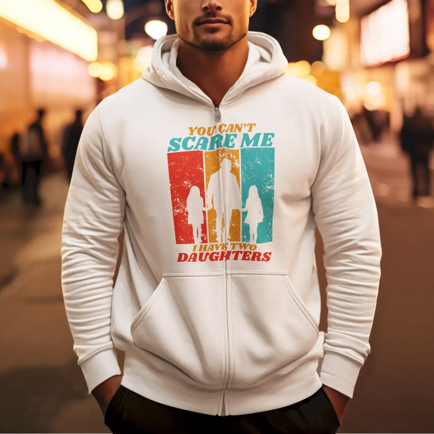 White zippered hoodie featuring a playful dad quote, great for layering or standalone wear / Λευκή ζακέτα με αστείο μήνυμα, ιδανική για όλες τις εποχές