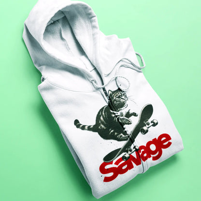 Zip hoodie white with badass skater kitty – γάτα σε skateboard και κόκκινα γράμματα σε light urban φόντο σε λευκή ζακέτα