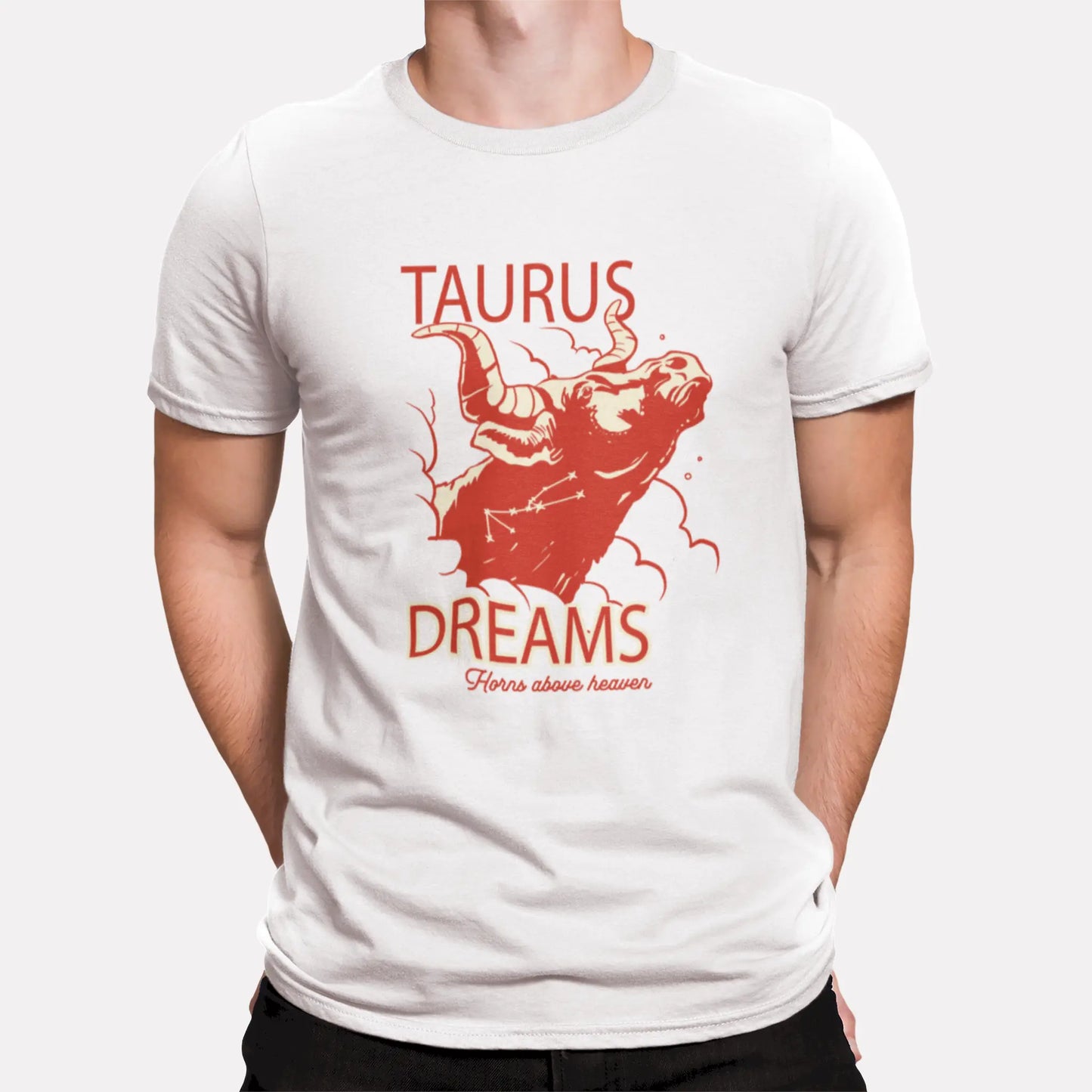 Zodiac constellation design perfect for Taurus who believe in dreams and celestial power printed on a white tshirt / Σχέδιο αστερισμού ζωδίου ιδανικό για Ταύρους που πιστεύουν στα όνειρα τους και την ουράνια δύναμη τυπωμένο σε λευκό μπλουζάκι