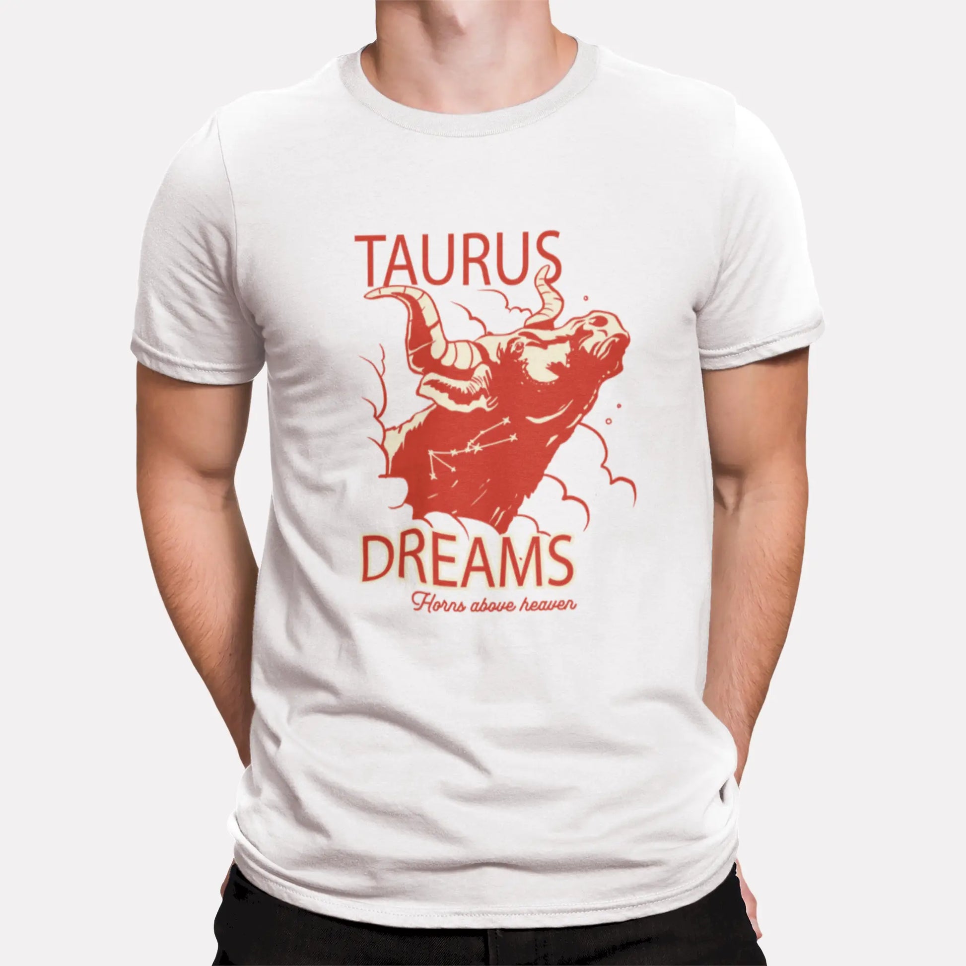 Zodiac constellation design perfect for Taurus who believe in dreams and celestial power printed on a white tshirt / Σχέδιο αστερισμού ζωδίου ιδανικό για Ταύρους που πιστεύουν στα όνειρα τους και την ουράνια δύναμη τυπωμένο σε λευκό μπλουζάκι