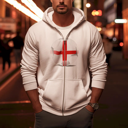 England national team white zip hoodie με realistic football - λευκή ζακέτα με κουκούλα αγγλικής ομάδας ποδοσφαίρου και σημαία αγγλίας