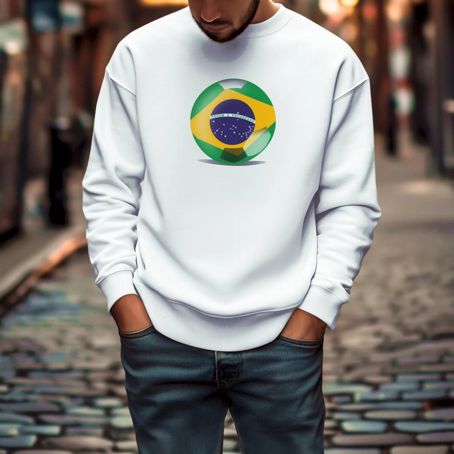 White Crisp crewneck sweatshirt with Brazil’s energy at center – Λευκό Καθαρό φούτερ με την ενέργεια της Βραζιλίας στο κέντρο
