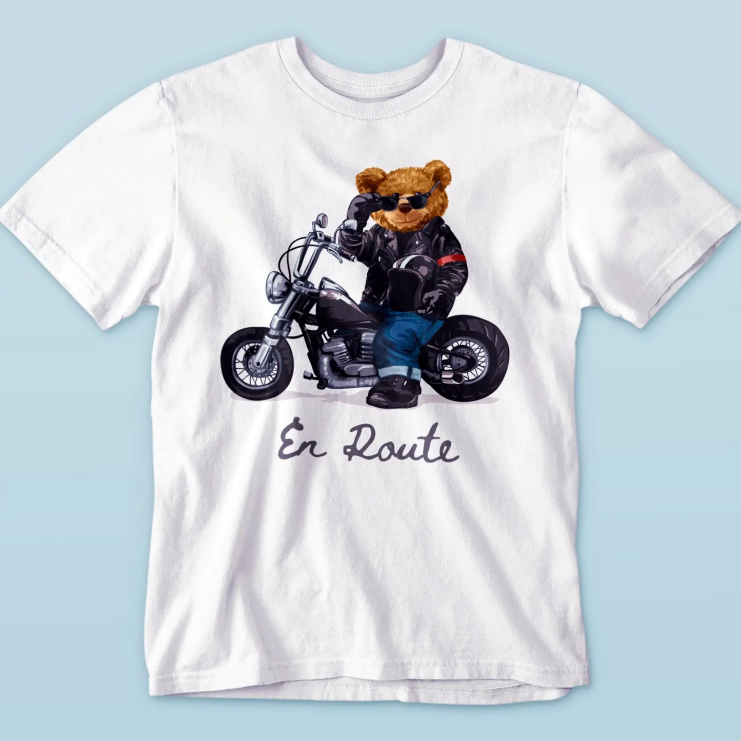biker teddy bear illustration on white t-shirt – γραφικό αρκουδάκι μηχανόβιος σε λευκό t-shirt
