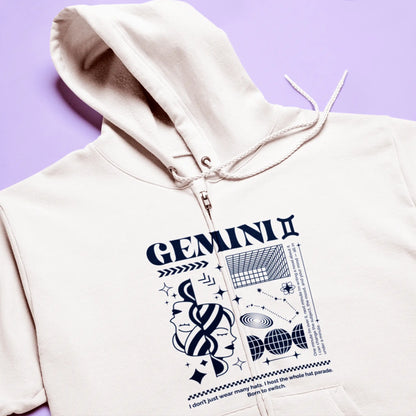 Modern white zip-up hoodie featuring gemini constellation and celestial style - Μοντέρνα λευκή ζακέτα hoodie με αστερισμό διδύμων και ουράνιο στυλ
