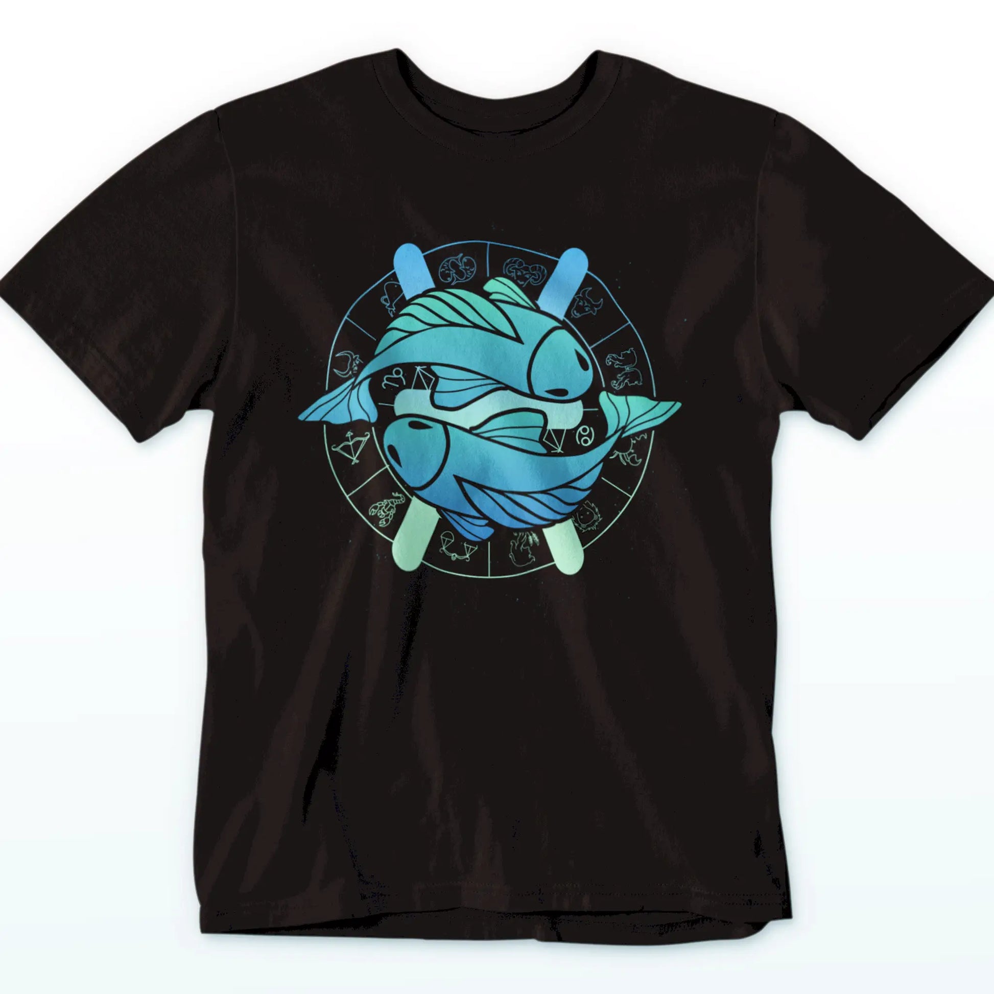 Black t-shirt featuring mystical Pisces symbol for astrology lovers – Μαύρο μπλουζάκι με μυστικιστικό σύμβολο Ιχθύ για λάτρεις αστρολογίας."