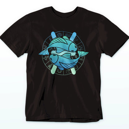 Black t-shirt featuring mystical Pisces symbol for astrology lovers – Μαύρο μπλουζάκι με μυστικιστικό σύμβολο Ιχθύ για λάτρεις αστρολογίας."