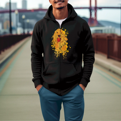 Vivid black zip hoodie with soulful Cocker Spaniel watercolor art — Μαύρη ζακέτα με ζωηρό και συναισθηματικό σκύλο Cocker σε watercolor.
