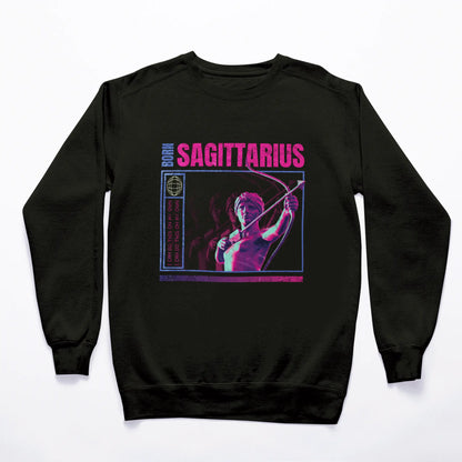 Black exploratory Sagittarius sweatshirt with comforting fit and statement about innate travel spirit / Μαύρο εξερευνητικό φούτερ Τοξότη με άνετο fit και δήλωση για έμφυτο πνεύμα ταξιδιού