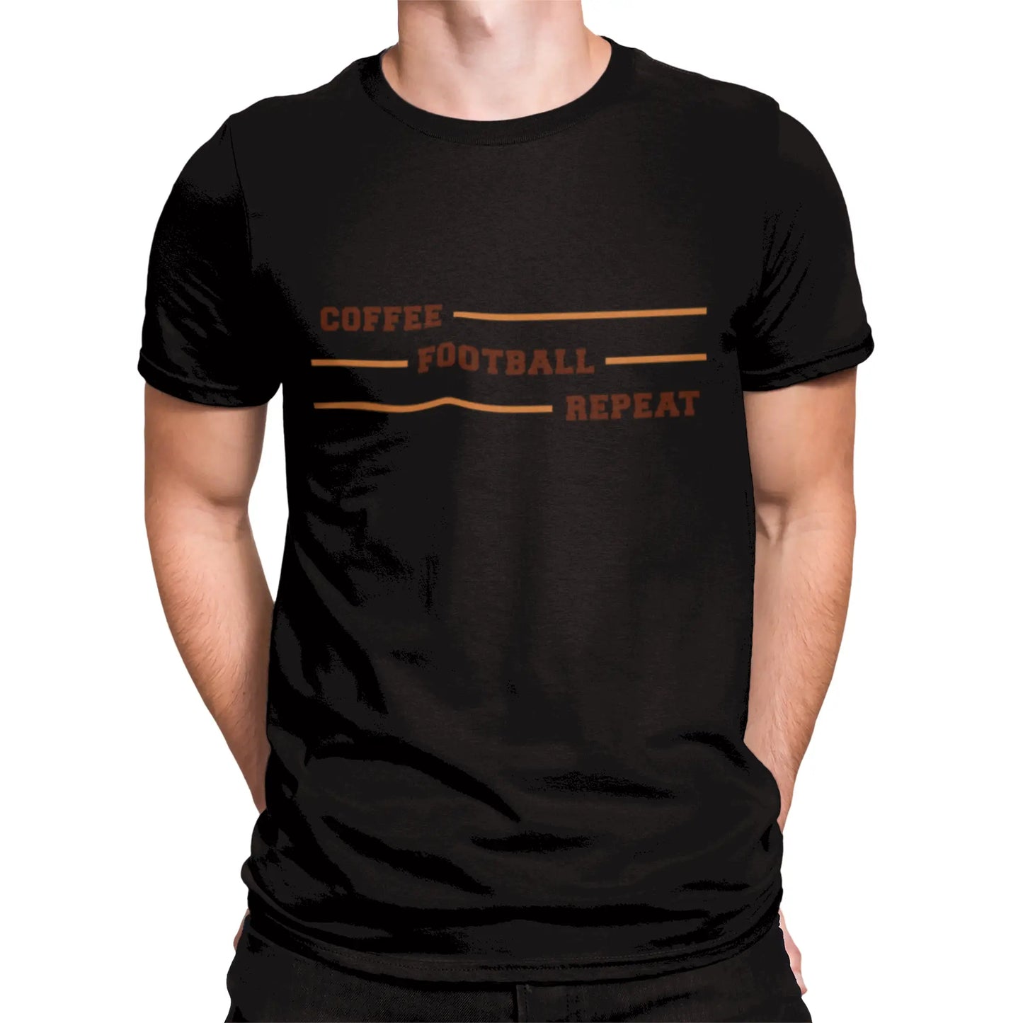 Funny "Coffee Football Repeat" graphic on black t-shirt – Αστείο σχέδιο "Coffee Football Repeat" σε μαύρο t-shirt