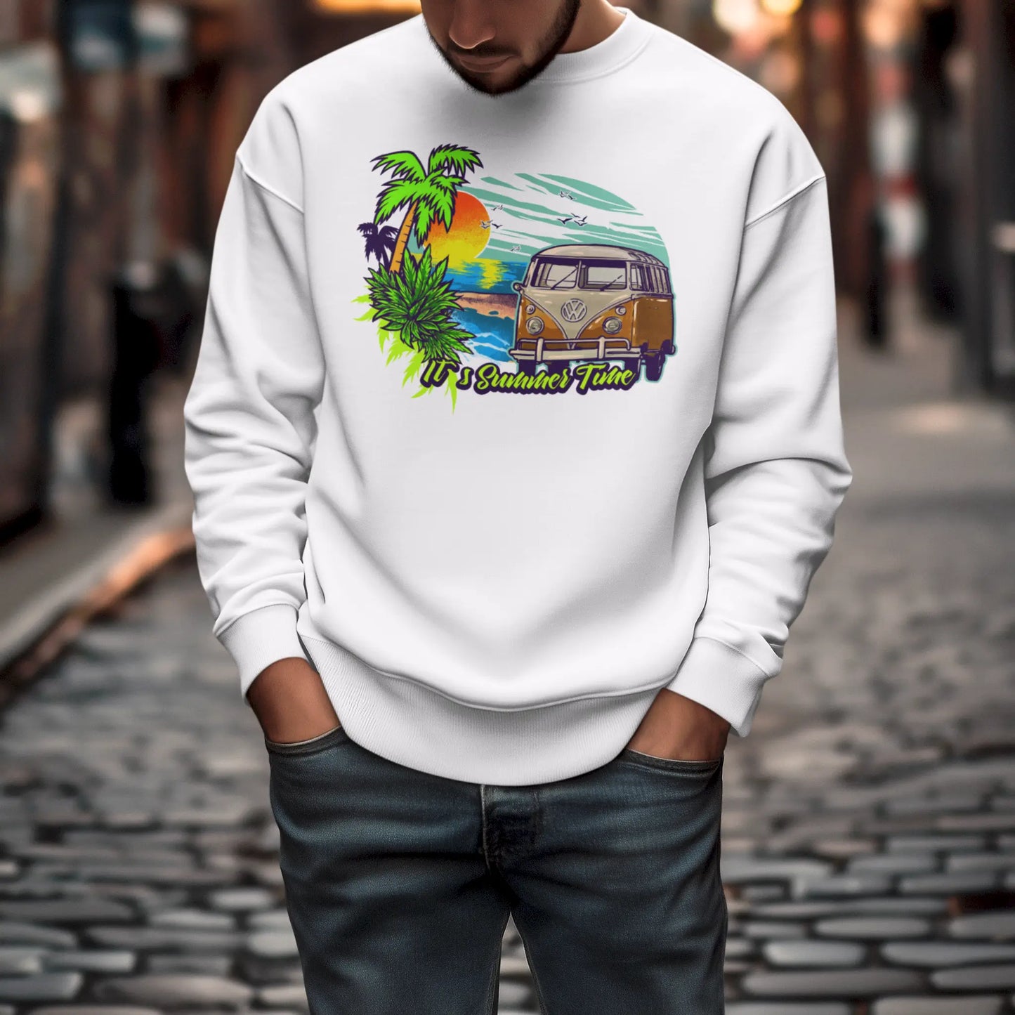 Λευκό premium φούτερ crewneck που αναδεικνύει τέλεια τα neon στοιχεία του καλοκαιρινού σχεδίου