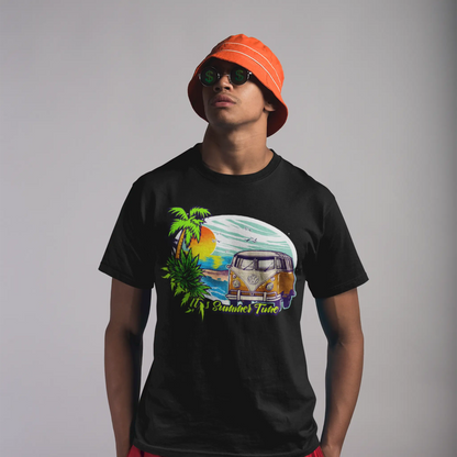 Μαύρο άνετο t-shirt με το vintage VW camper van graphic και το σλόγκαν It's Summer Time για ακαταμάχητο στυλ