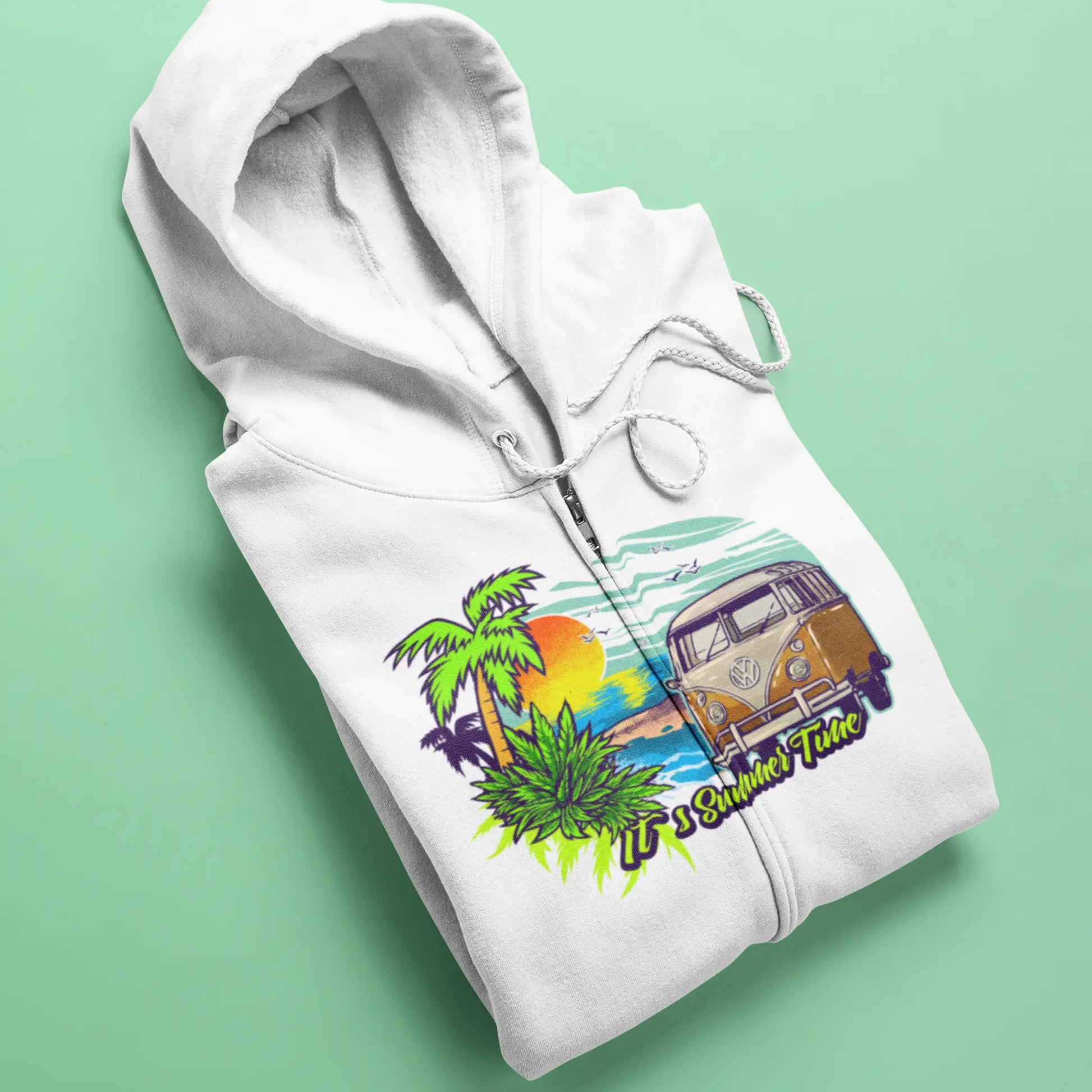 white zip-up hoodie featuring a volkwagen van lifestyle - Λευκή ζακέτα με κουκούλα με λογότυπο It;s summer time